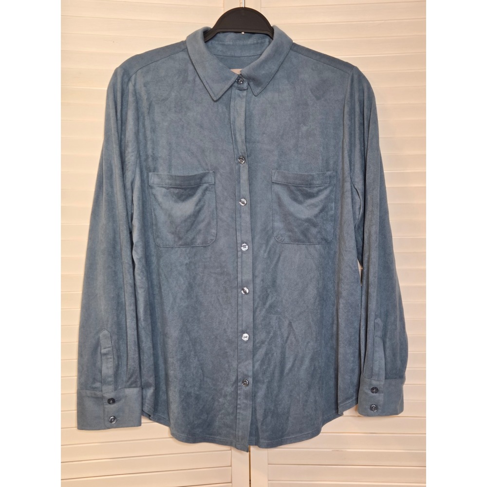 Chico's Faux Suede Button Down Shirt Size 1 M 8/10 Blue Long Sleeve Pocket Top
